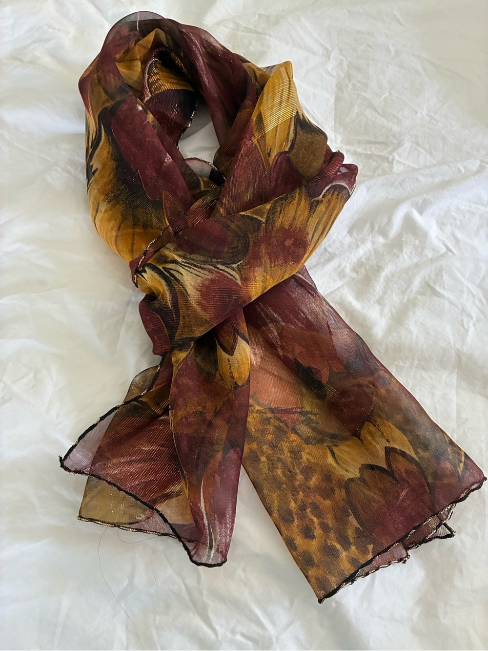 Lightweight Floral Print Scarf in Burgundy and Mustard - Women Accessories